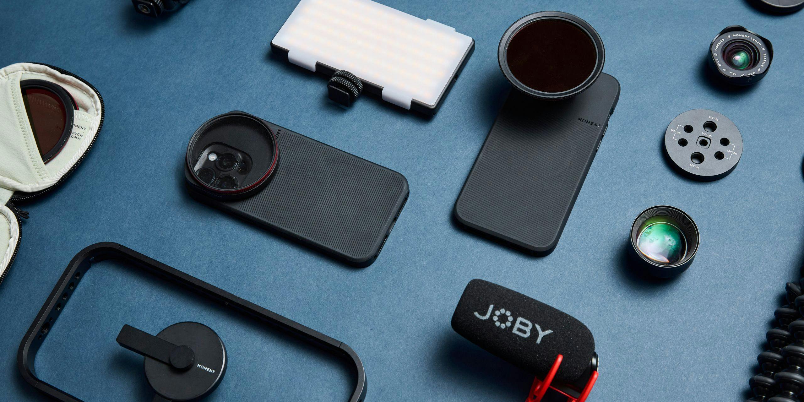 Blue flatlay of mobile gear