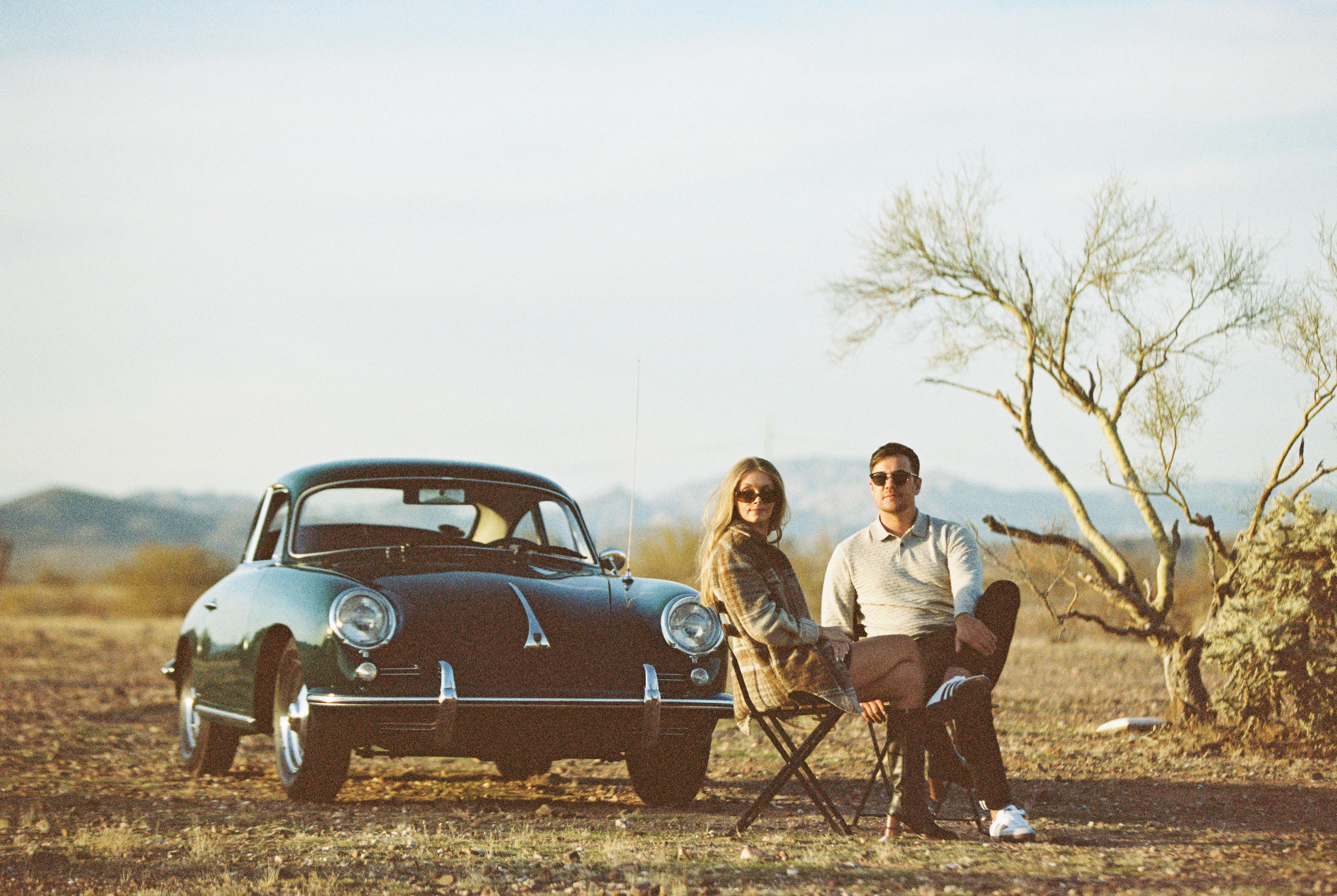 KJ in a vintage car at sunset shot by Natalie Carrasco.